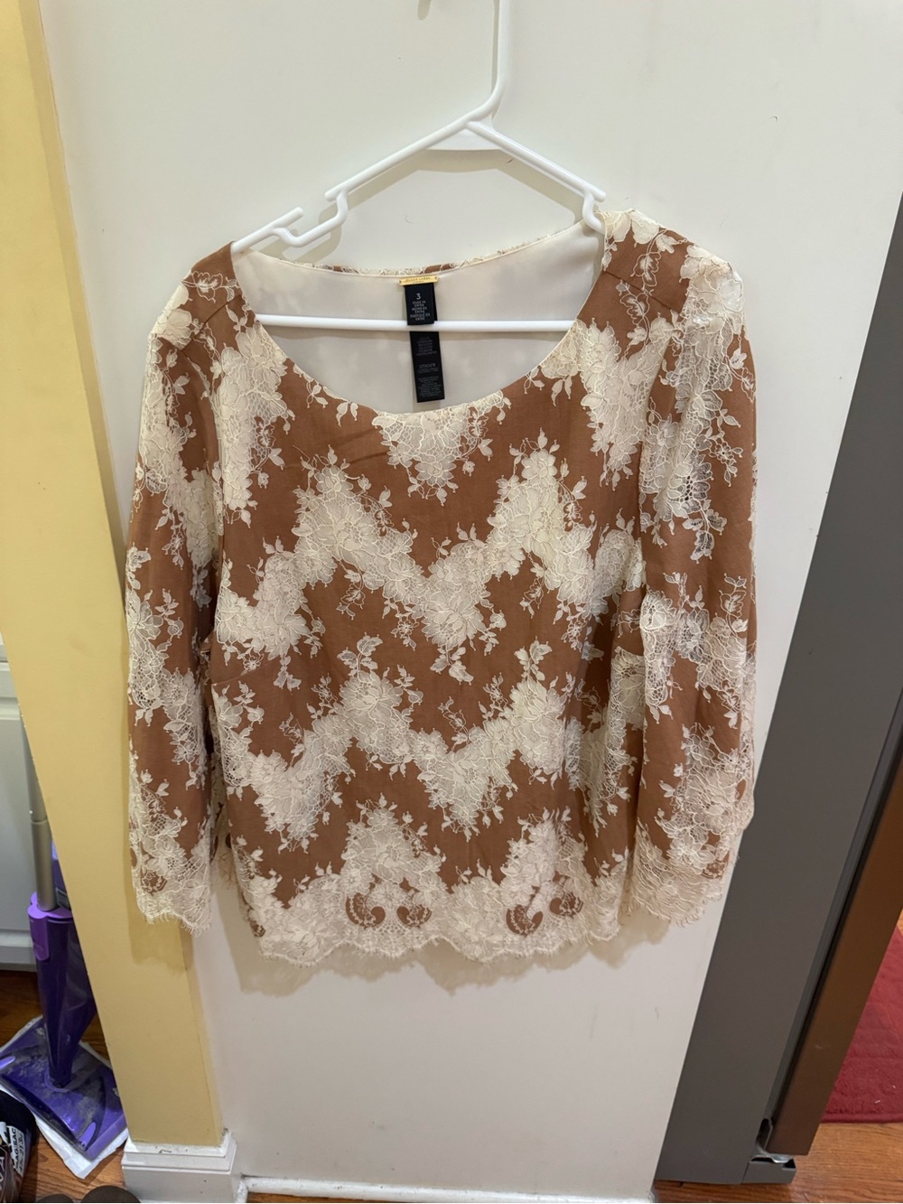 Chico's Brown Blouse with Ivory Lace Overlay
